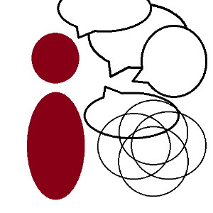  An abstract red person with four overlapping speech bubbles and the plural rings underneath, partially overlapping the lowest speech bubble.